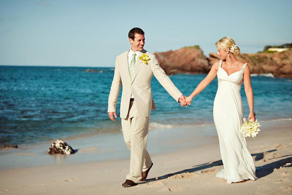 Tan suit shop beach wedding